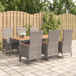 Set comedor jardín 7 pzas y cojines ratán sintético gris