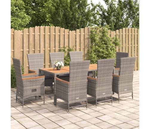Set comedor jardín 9 pzas y cojines ratán sintético gris