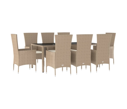 Set comedor de jardín 9 pzas con cojines ratán sintético beige