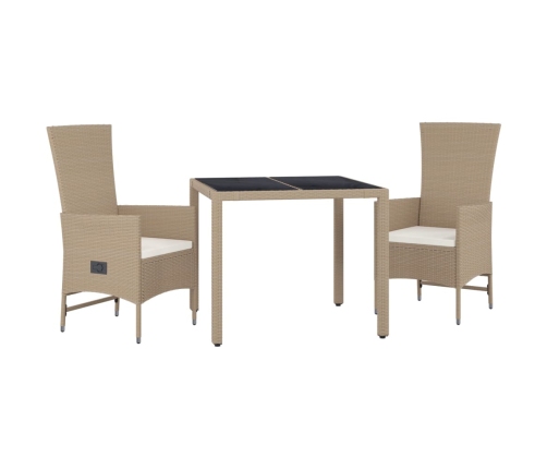 Set comedor de jardín 3 pzas con cojines ratán sintético beige