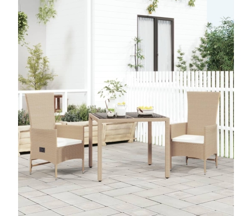 Set comedor de jardín 3 pzas con cojines ratán sintético beige
