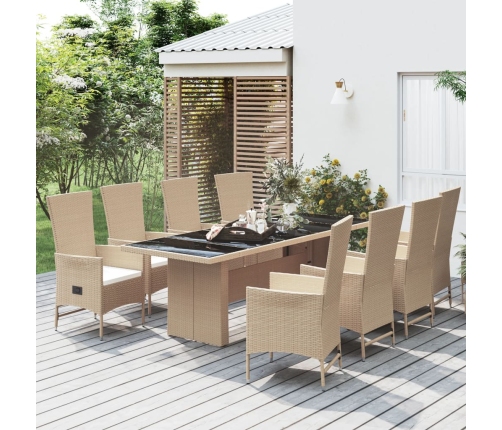 Set comedor de jardín 9 pzas con cojines ratán sintético beige