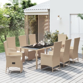 Set comedor de jardín 9 pzas con cojines ratán sintético beige