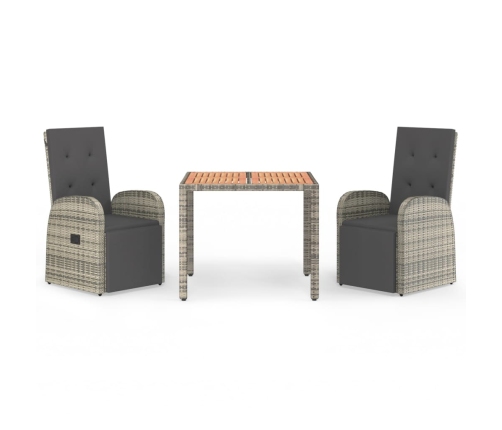 Set comedor de jardín 3 piezas con cojines ratán sintético gris