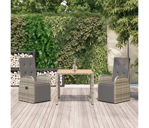 Set comedor de jardín 3 piezas con cojines ratán sintético gris