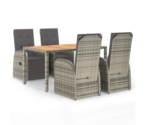 Set comedor de jardín 5 piezas con cojines ratán sintético gris