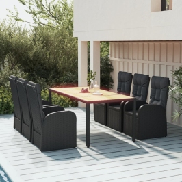 Set de comedor de jardín 7 pzas y cojines ratán sintético negro