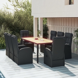 Set de comedor de jardín 9 pzas y cojines ratán sintético negro