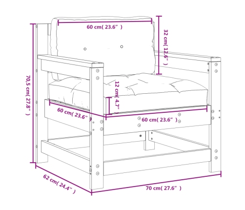 Sillones de jardín con cojines 2 uds madera maciza de pino