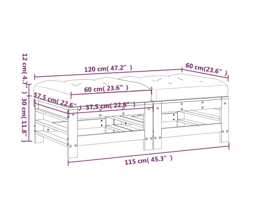 Taburetes de jardín con cojines 2 uds madera maciza de pino