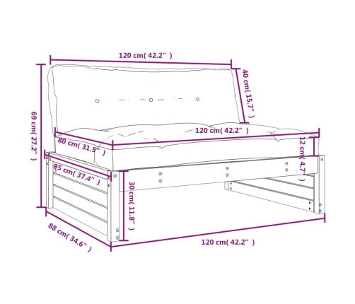 Sofá central madera maciza de pino gris 120x80 cm