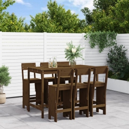 Mesa y taburetes altos de jardín 7 pzas madera pino marrón miel