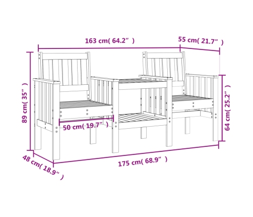 Banco de jardín con mesa 2 plazas madera maciza de pino gris