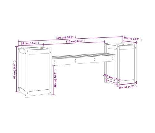 Banco con jardineras madera maciza de pino 180x36x63 cm