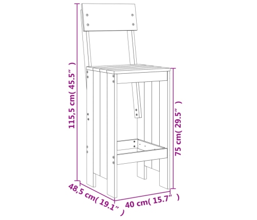 Taburetes de cocina 2 uds madera maciza pino 40x48,5x115,5 cm