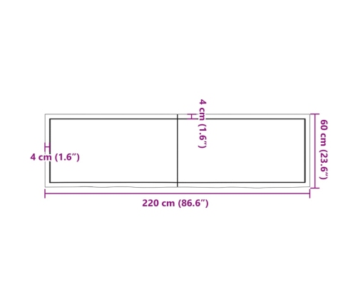 Estante de pared madera maciza roble sin tratar 220x60x(2-4) cm