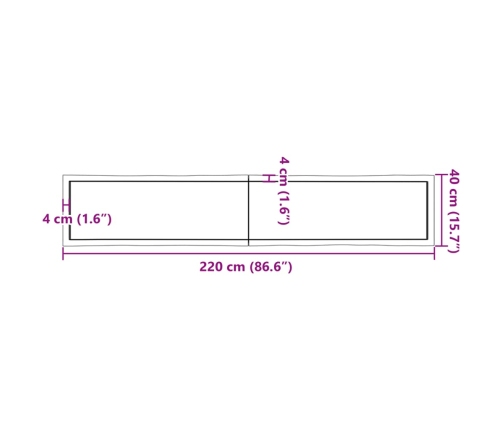 Tablero mesa madera tratada borde vivo marrón 220x40x(2-4) cm