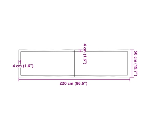 Tablero mesa madera tratada borde vivo marrón 220x50x(2-4) cm