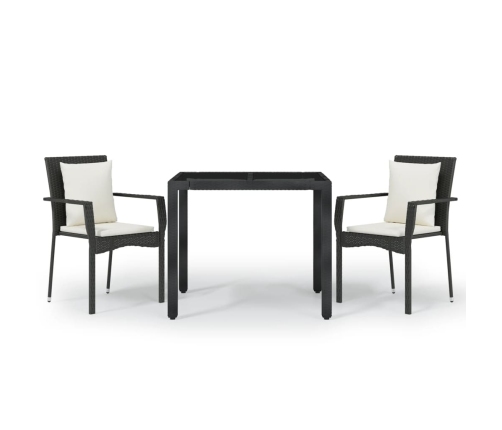 Set comedor de jardín 3 pzas con cojines ratán sintético negro