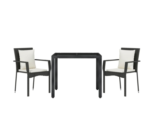 Set comedor de jardín 3 pzas con cojines ratán sintético negro