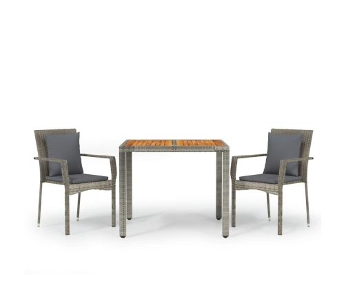 Set comedor de jardín 3 piezas con cojines ratán sintético gris