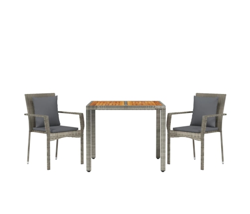 Set comedor de jardín 3 piezas con cojines ratán sintético gris
