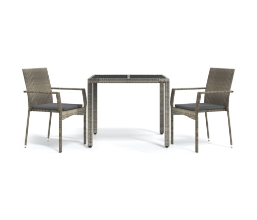 Set comedor de jardín 3 piezas con cojines ratán sintético gris