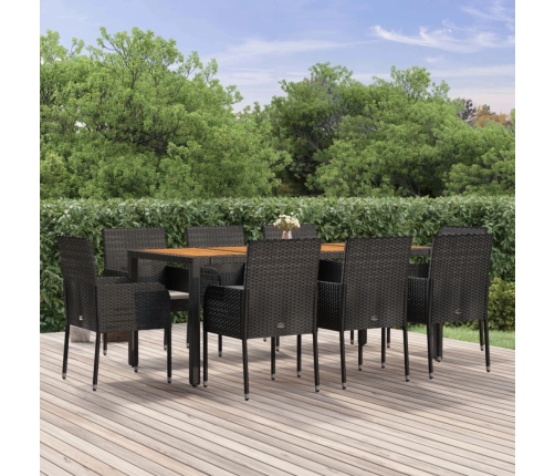 Set de comedor de jardín 9 pzas y cojines ratán sintético negro