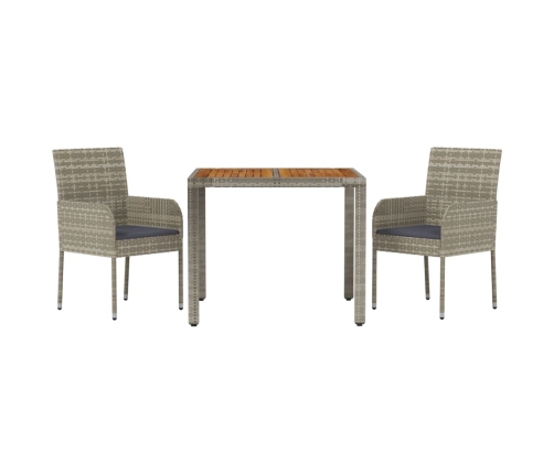 Set comedor de jardín 3 piezas con cojines ratán sintético gris