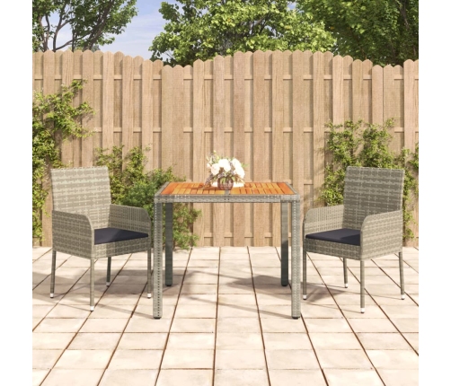 Set comedor de jardín 3 piezas con cojines ratán sintético gris