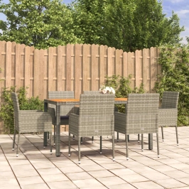 Set comedor jardín 7 pzas y cojines ratán sintético gris