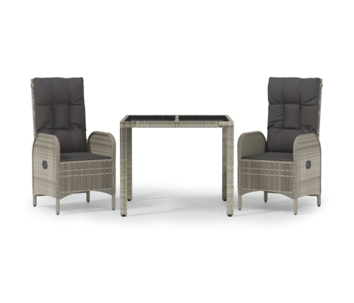 Set comedor de jardín 3 piezas con cojines ratán sintético gris