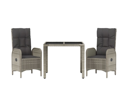 Set comedor de jardín 3 piezas con cojines ratán sintético gris