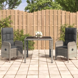 Set comedor de jardín 3 piezas con cojines ratán sintético gris