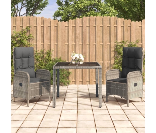Set comedor de jardín 3 piezas con cojines ratán sintético gris