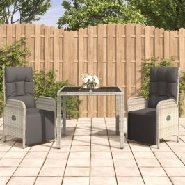 Set comedor de jardín 3 piezas con cojines ratán sintético gris