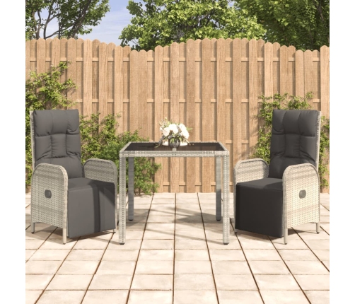Set comedor de jardín 3 piezas con cojines ratán sintético gris