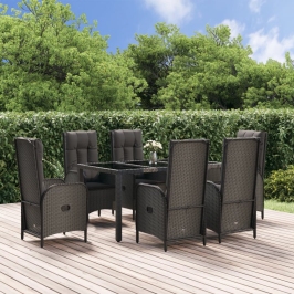 Set comedor jardín 7 pzas y cojines ratán sintético negro gris