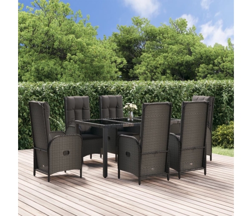 Set comedor jardín 7 pzas y cojines ratán sintético negro gris