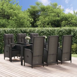 Set comedor jardín 7 pzas y cojines ratán sintético negro gris
