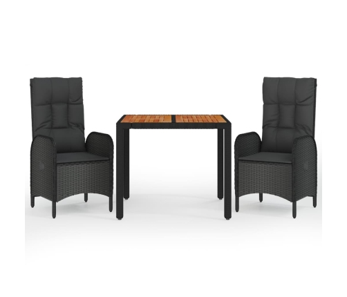 Set comedor de jardín 3 pzas con cojines ratán sintético negro