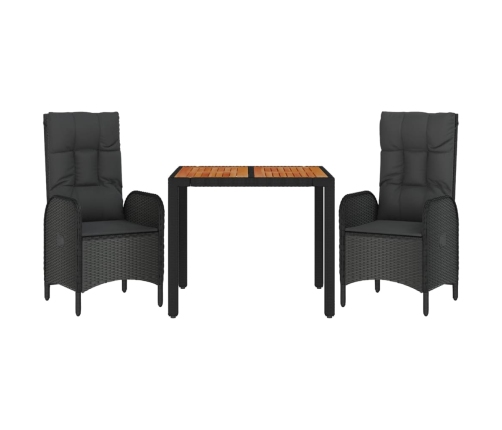 Set comedor de jardín 3 pzas con cojines ratán sintético negro