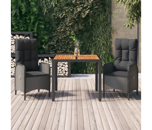 Set comedor de jardín 3 pzas con cojines ratán sintético negro