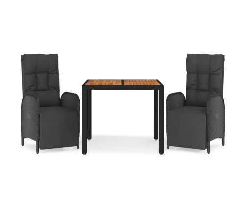 Set comedor de jardín 3 pzas con cojines ratán sintético negro