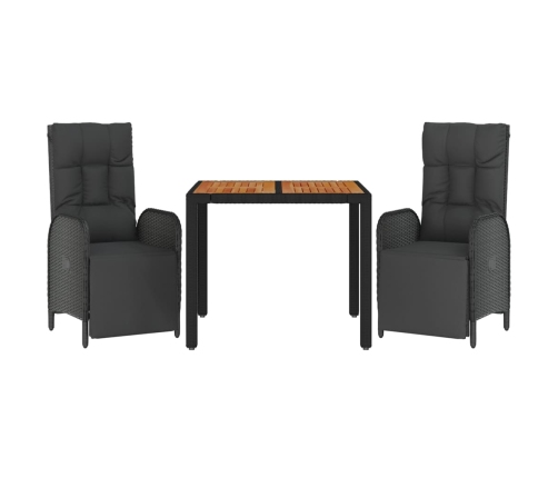 Set comedor de jardín 3 pzas con cojines ratán sintético negro