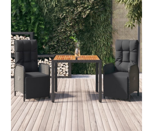 Set comedor de jardín 3 pzas con cojines ratán sintético negro