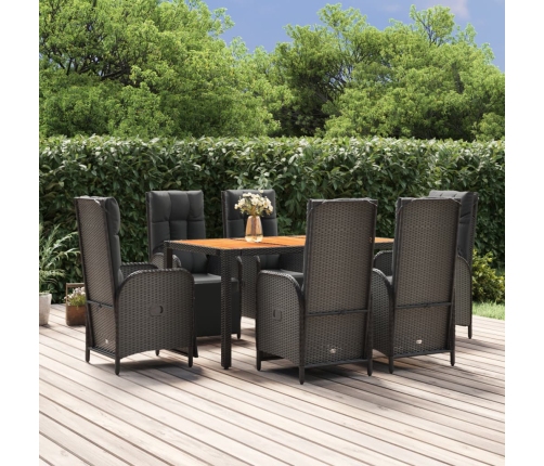 Set de comedor de jardín 7 pzas y cojines ratán sintético negro