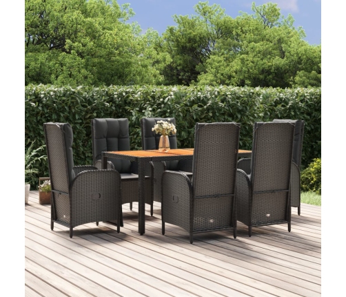 Set de comedor de jardín 7 pzas y cojines ratán sintético negro