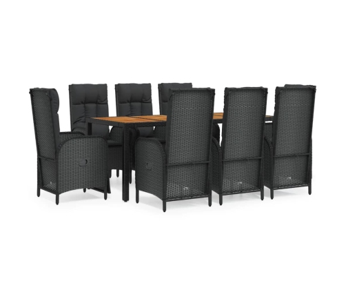 Set de comedor de jardín 9 pzas y cojines ratán sintético negro