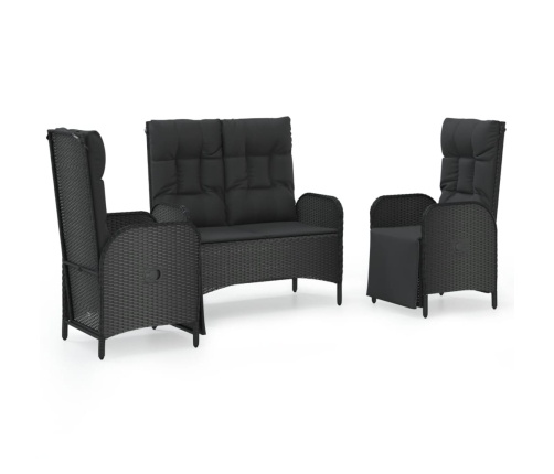 Set comedor de jardín 3 pzas con cojines ratán sintético negro